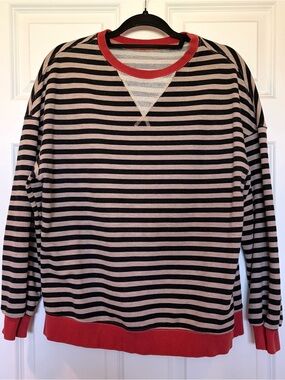 Striped Crewneck Sweater - Black & Cream with Red Trim
